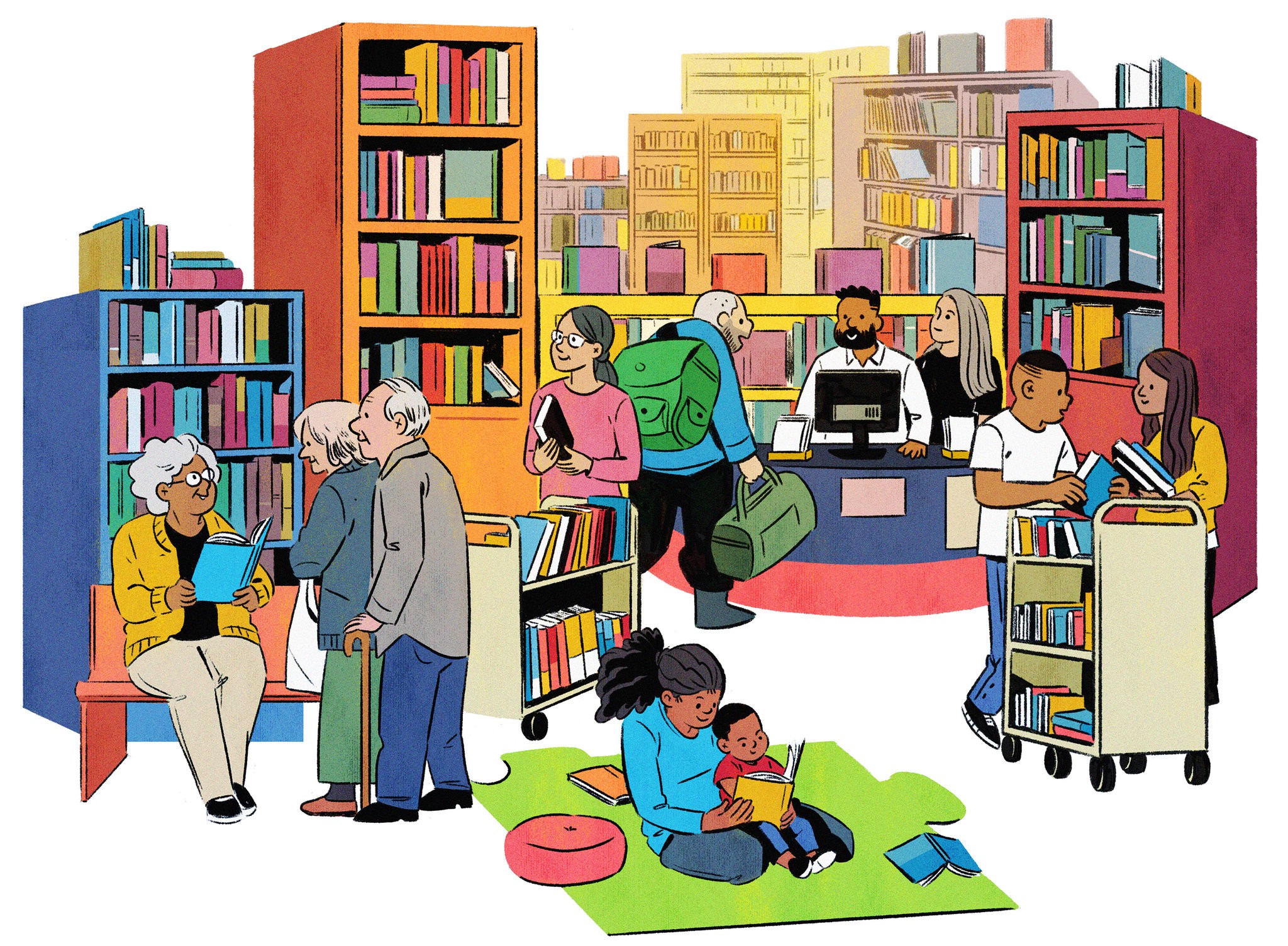 Будни читателя. Читатели в библиотеке. Библиотека иллюстрация.