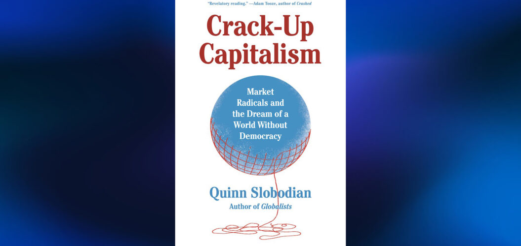 Image of crack-up capitalism book in front of a gradient blue background